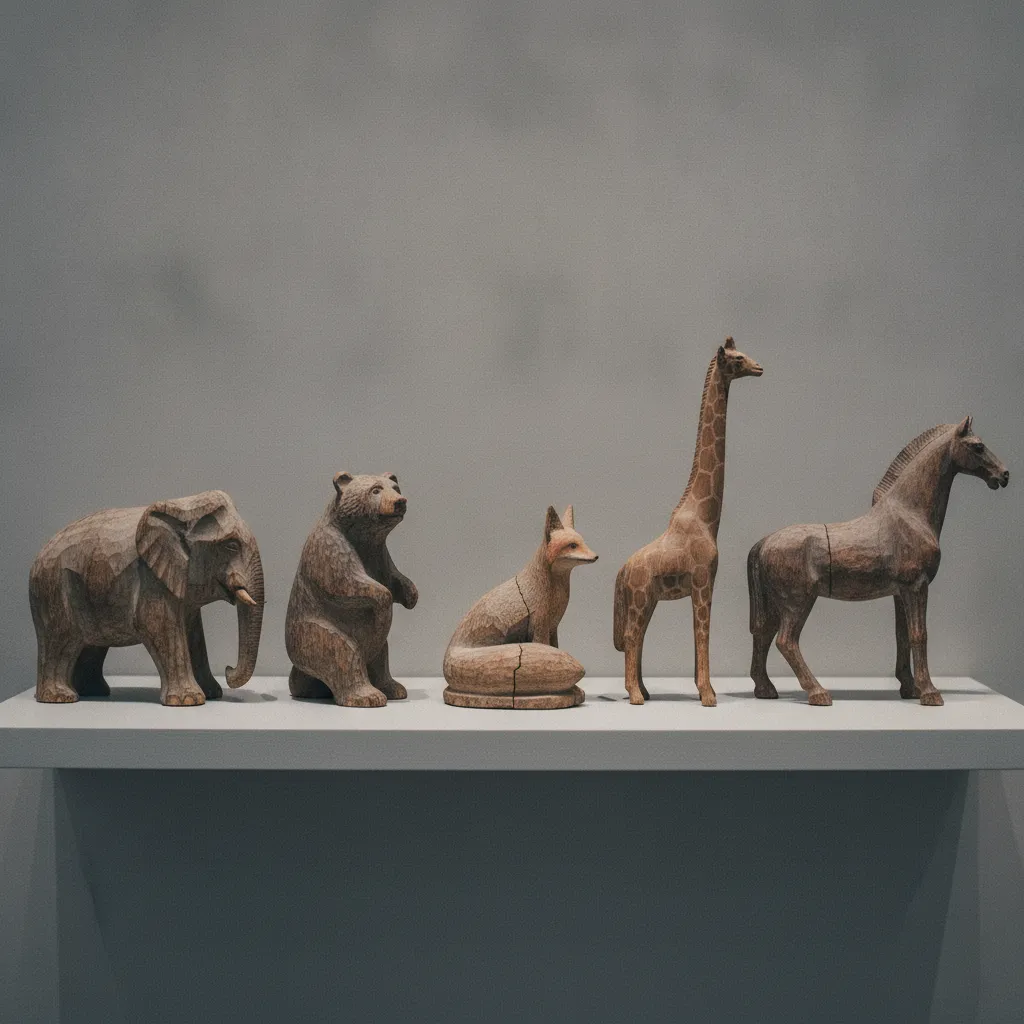Figurines animalières en bois sculpté alignées sur une étagère