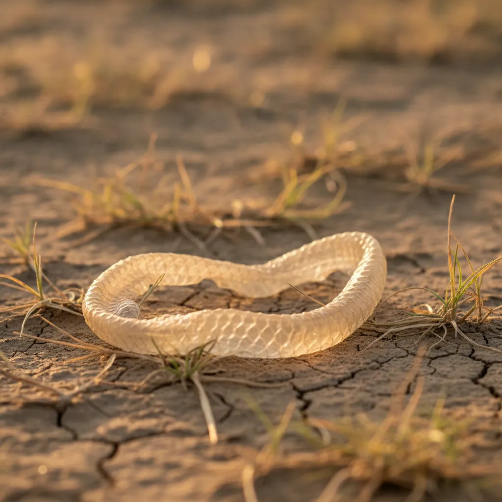 Mue de serpent translucide abandonnée sur un sol de terre sèche